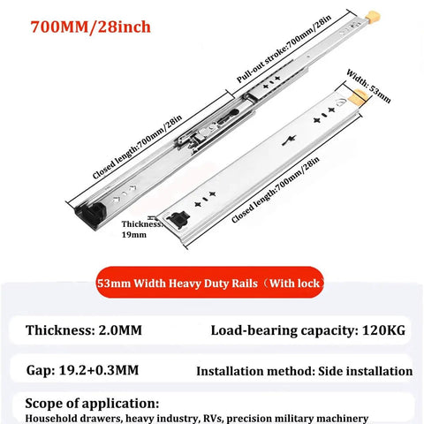 Beefy 250Lb Heavy Duty Drawer Slides With Full Extension Side Mount Ball Bearing Rails And Lock 28 Inch Runners diagram