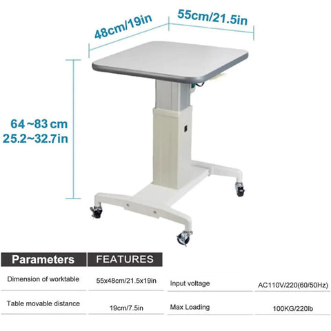 Heavy Duty Motorized Optometry Lift Table Boasting Slick Electric Height Adjustment Compatible With Slit Lamps And Auto Refractometers For Modern Eye Care Offices with dimensions shown.
