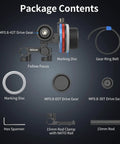 Super Smooth Mini Follow Focus Wheel With 15mm Rod Rack And Clamp, Reversible Drive Gears, 360 Infinity Zoom, A B Hard Stops For Pro Video Rigs That Just Nail Every Take Dead On package contents with drive gears and follow focus.