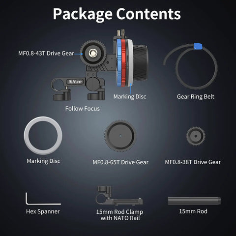 Super Smooth Mini Follow Focus Wheel With 15mm Rod Rack And Clamp, Reversible Drive Gears, 360 Infinity Zoom, A B Hard Stops For Pro Video Rigs That Just Nail Every Take Dead On package contents with drive gears and follow focus.
