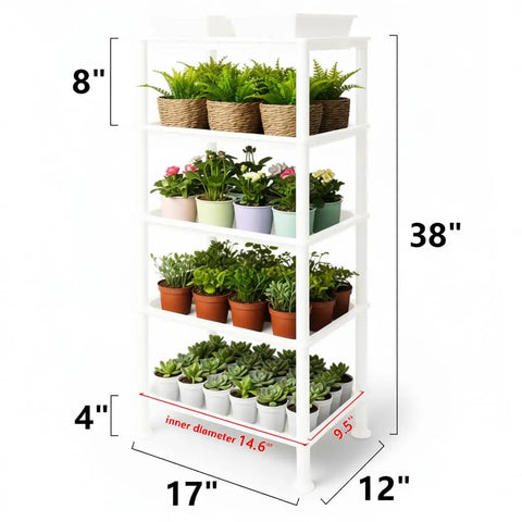 Five Tier Seed Starter Tray Stand With Self Watering Reservoir For Indoor And Outdoor Seedlings And Greenhouse Use A Space Saving Shelf For Small Cell Trays And Nursery Pots White with plants