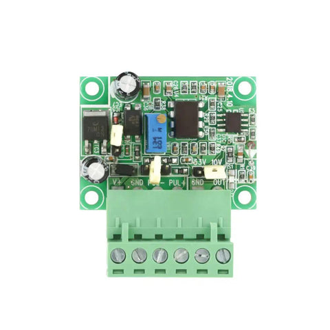 Pro Grade Frequency To Voltage Converter Module Turns 0 To 10 KHz Pulses Into 0 To 10 V Analog Signal With Isolation For PLC And Motion Control Systems Built For Tight Precision And Reliable Industrial Automation. Green PCB with screw terminal blocks