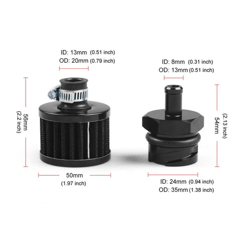 Aluminum Billet Valve Cover Adapter Oil Cap Breather Fitting AN10 With Filter For LSX LS1 LS2 LS3 LS6 LS7 Engines And Compatible With Camaro Corvette Firebird GTO Models From 1997 Through 2013 Gearhead Favorite, dimensions for both components shown