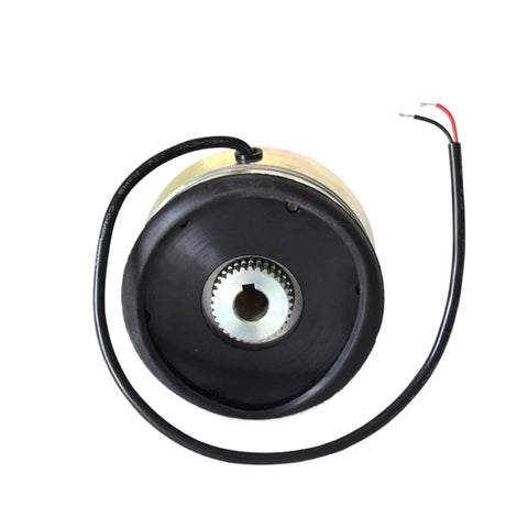 Front view of black DC24V 25W electromagnetic brake for forklift pallet truck with gear-like hub and red/black leads.