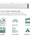 Infographic showing dimensions and uses for Under Cabinet LED Light Strip 12 Inch Plug In Slim USB Bar 6000K Cool White