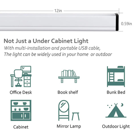 Infographic showing dimensions and uses for Under Cabinet LED Light Strip 12 Inch Plug In Slim USB Bar 6000K Cool White