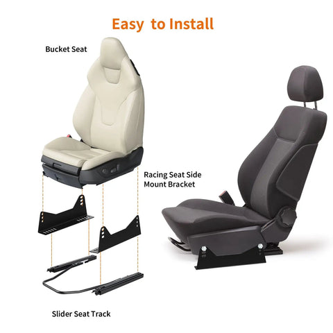 Universal Bucket Seat Mounting Bracket Kit 2 Pack Heavy Duty L Shape Side Mount Brackets For FRP And Carbon Fiber Racing Seats, diagram showing installation on bucket seats.