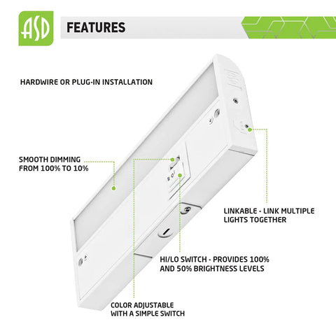 Lit 9 Inch Under Cabinet LED Lights With Dimmable Brightness Plug In Or Hardwired Install 3 Color Temperatures Features