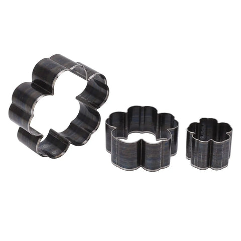 Leather Cutting Dies Set With Flower Shape Belt Hole Punches Three Piece Die Cutter Kit in One Point Two Inch Two Inch and Two Point Eight Inch for Handmade Leather Projects And Pro Grade DIY Crafts, front view of alloy steel flower punches.