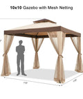 10x10 Outdoor Gazebo With Netting And Sun Shade Canopy For Patio And Backyard, Sturdy Metal Frame, UV Block 90 Percent