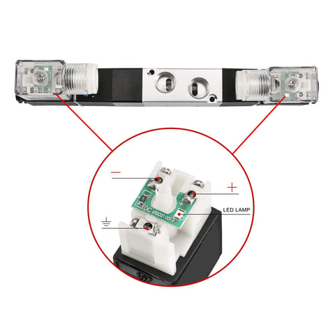 Close-up of Industrial Grade 5 Way 3 Position Internally Piloted Pneumatic Solenoid Valve 4V230-08C with 12V DC coil details