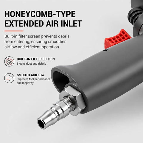 Professional Grade Half Inch Air Impact Wrench Boasting Dual Hammer Action And Stepless Speed Trigger Extended air inlet with filter screen for smooth operation.