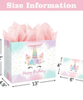 13 Inch Unicorn Birthday Gift Bag with Card & Tissue Paper, 1 large bag, card 8x6, size details shown, for girls' birthdays