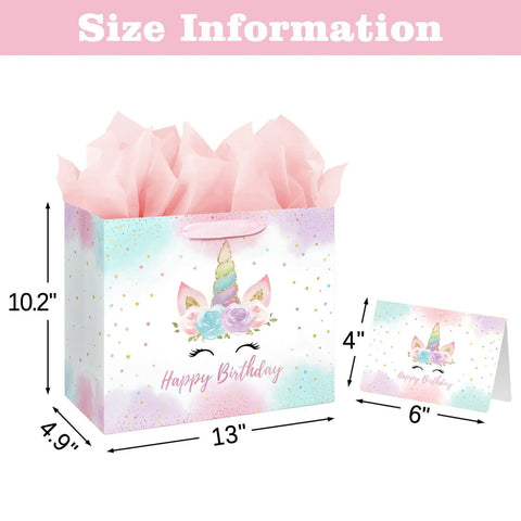 13 Inch Unicorn Birthday Gift Bag with Card & Tissue Paper, 1 large bag, card 8x6, size details shown, for girls' birthdays