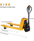 Heavy Duty Electric Pallet Jack 3300 Lbs Capacity Motorized Pallet Truck With 48V 10Ah Battery 7 45 Inch Lift displayed front view with size dimensions.