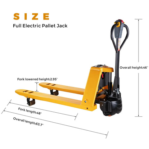 Heavy Duty Electric Pallet Jack 3300 Lbs Load Capacity With Dual Lithium Batteries For No Sweat Warehouse Material Handling And All Day Run Time On Forty Eight Inch Forks dimensions showing fork length of 48 inches and overall height 46 inches.