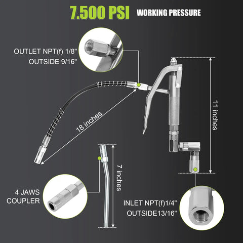 Heavy Duty Grease Gun Control Handle Valve For High Pressure 7500 Psi With 1/4 Inch Thread, 18 Inch Flexible Interface, A4-Jaw Coupling, 360 Degree Rotation And Spring, Built For Fast, Smooth, And Reliable Lubrication; 18-inch hose, 4-jaw coupler