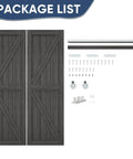 Double K Shape Sliding Closet Door 48 By 80 Inches With Hardware Kit And Matching Fascia, Solid Wood Slab With Waterproof And Scratch Resistant PVC Surface, Preassembled For Easy Install, Gray, showing doors and hardware kit.