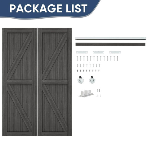 Double K Shape Sliding Closet Door 48 By 80 Inches With Hardware Kit And Matching Fascia, Solid Wood Slab With Waterproof And Scratch Resistant PVC Surface, Preassembled For Easy Install, Gray, showing doors and hardware kit.