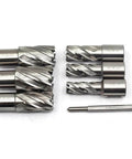 Annular cutter set with Weldon shanks (two flats), 7 pcs, HSS steel, diameters 1/2 in to 1-1/16 in, pilot pin included.