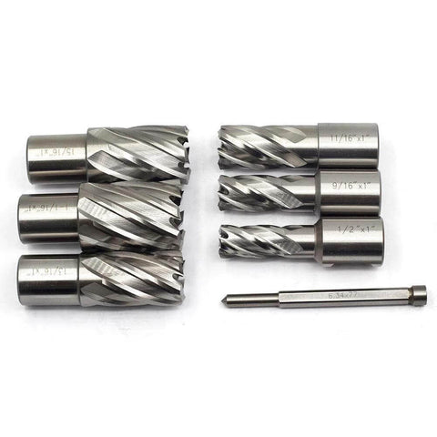 Annular cutter set with Weldon shanks (two flats), 7 pcs, HSS steel, diameters 1/2 in to 1-1/16 in, pilot pin included.