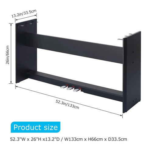 Dimensions of Beefy Wooden Piano Stand With Built-In 3 Pedal System For Yamaha P515 And P525 Digital Piano Keyboard shown