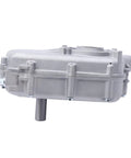 Lumicasaler gear reduction box, silver metal housing with downward output shaft; side view