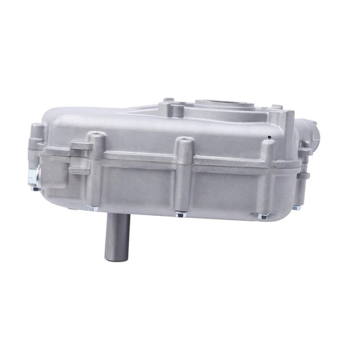 Lumicasaler gear reduction box, silver metal housing with downward output shaft; side view