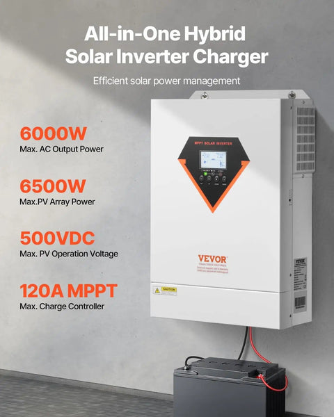 Beefy 6000W Hybrid Solar Inverter 48V DC To 230V AC Single Phase Pure Sine Wave With Built In 120A MPPT Solar Charge Controller