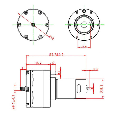 Technical drawing of 12V Micro Vacuum Pump for Aquarium Oxygen, Whisper Quiet DC Air Pump with 15 L/Min Flow dimensions