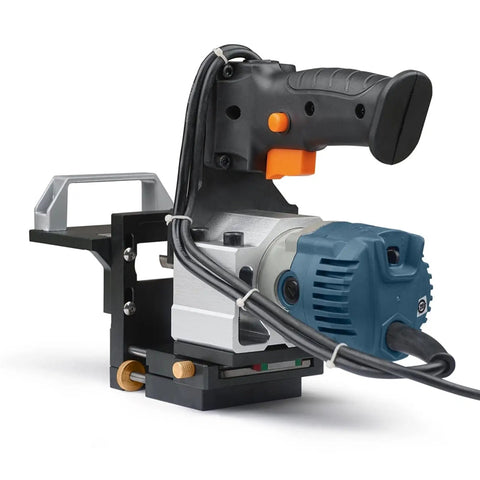 Top Shelf Palm Router Trimmer With Fixed Support Base And Adjustable Slotting Jig Bracket, close-up view of motor and handle.