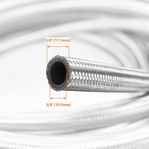 Close-up view of Three Foot 6AN Stainless Steel Braided Fuel Line Hose Kit With Two AN6 Fittings Universal For Racing Fuel Gas Coolant And Transmission Fluid