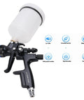 Zero Fuss HVLP Air Paint Sprayer With 600ML Cup 1.3MM Nozzle Adjustable Control Knob For Smooth Wall Door And Furniture Finishing Minimal Overspray Hits Different, side view of sprayer with 600ml cup.