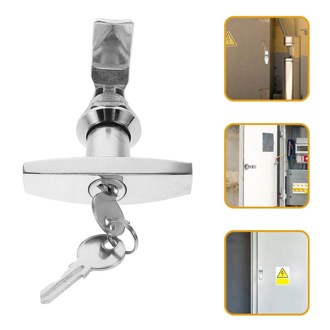 Two Pack Zinc Alloy RV Cabinet Locks With Keys, T Handle Cam Locks For Storage Doors, sleek silver design, multiple installation views.