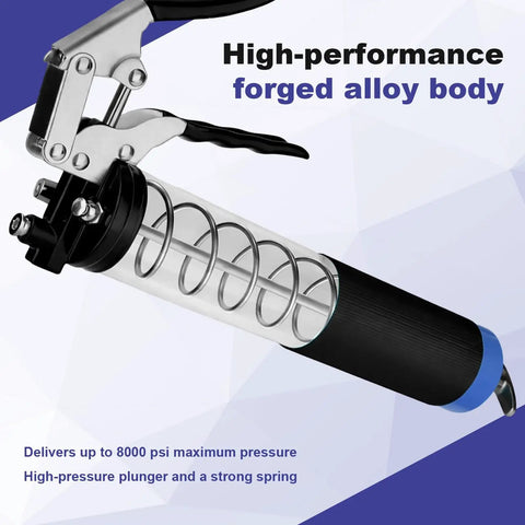 Pro Grade 8000 PSI Pistol Grip Grease Gun Kit With Two Spring Flex Hoses 18.5 And 19.5 Inches, 14 Oz Capacity, Quick Release Coupler