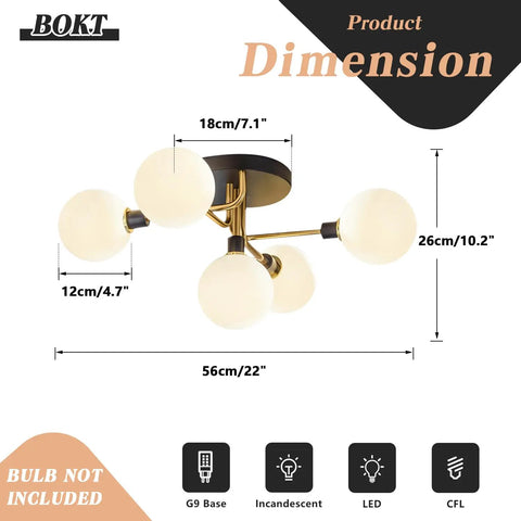 Diagram of Five Light Mid Century Modern Milk Glass Globe Ceiling Light In Black And Brass Semi Flush Mount Sputnik Fixture.