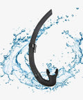 Silicone Snorkel For Diving And Snorkeling With Flexible Foldable Tube Pro Grade For Divers Fishing Underwater Hockey And Scuba Enthusiasts Enlarged Diameter For Smoother Breathing Durable Black Design against splash background.