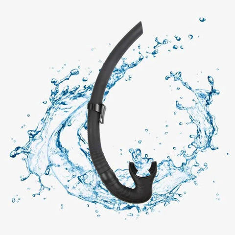 Silicone Snorkel For Diving And Snorkeling With Flexible Foldable Tube Pro Grade For Divers Fishing Underwater Hockey And Scuba Enthusiasts Enlarged Diameter For Smoother Breathing Durable Black Design against splash background.
