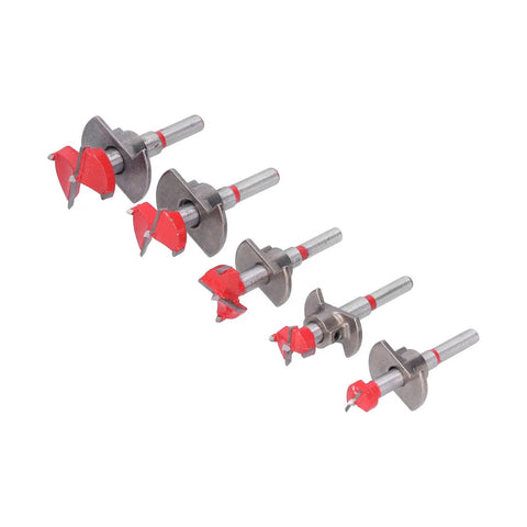 Top Shelf Forstner Drill Bit Kit For Precision Woodworking And Furniture Crafting features 5 alloy hole cutters sized 15-35mm.