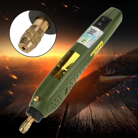 Premium Mini Electric Drill And Rotary Tool Kit With Instant Speed Change for detailed work, showing the green grip and metal tip.