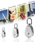 M50 Single Pulley Blocks Two Pack Beefy Heavy Duty Stainless Steel accessories with images of lifting and activities