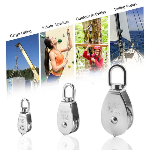 M50 Single Pulley Blocks Two Pack Beefy Heavy Duty Stainless Steel accessories with images of lifting and activities