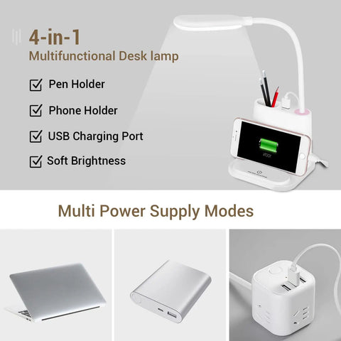 Must Have LED Desk Lamp With USB Charging Port, Pen Holder And Phone Holder, Rechargeable Flexible Desk Light for kids