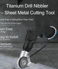 Titanium Drill Nibbler Sheet Metal Cutter Attachment With Adapter shown in use for spark-free cutting on sheet metal.
