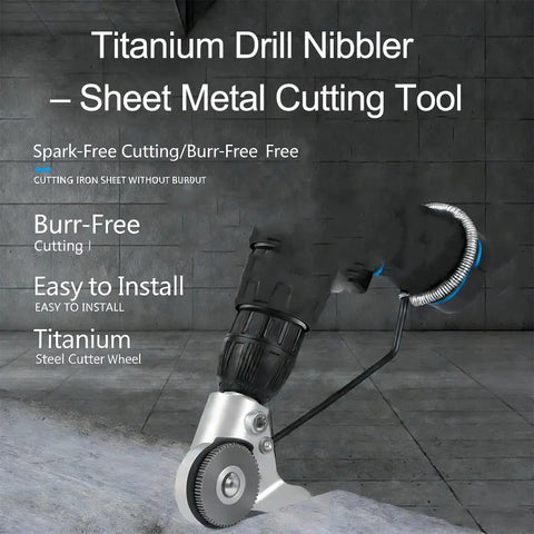 Titanium Drill Nibbler Sheet Metal Cutter Attachment With Adapter shown in use for spark-free cutting on sheet metal.
