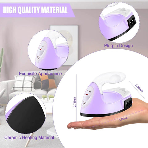 Portable Mini Heat Press Machine With Charging Base For DIY T Shirts Bags And Hats Light Purple Compact Small Iron Craft Tool For Vinyl Projects showing size in hand with ceramic heating material.
