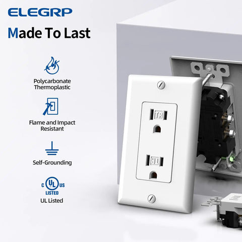 Premium Matte White Decorator Receptacle Outlets 15A 125V No Fuss Tamper Resistant Sockets With Matching Wall Plates Self Grounding UL Listed Heavy Duty, showcasing thermal-resistant design.