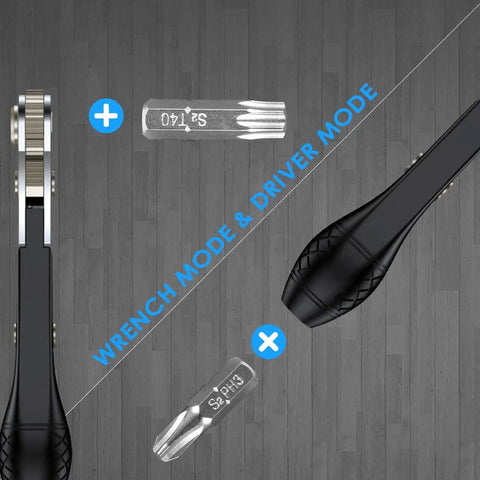 Compact Mini Ratchet Screwdriver Set With One Quarter Inch S2 Steel Bits showing wrench and driver modes on wooden background
