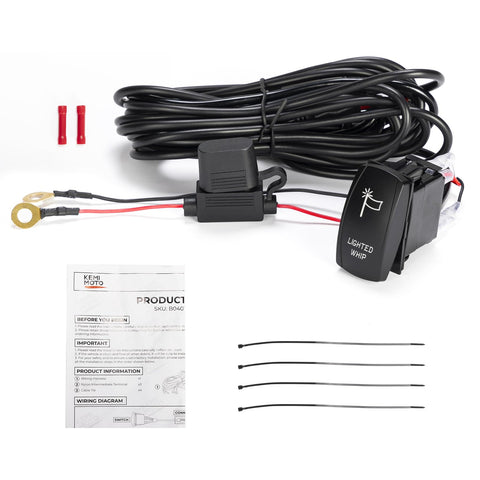 Whip Lights Rocker Switch With Wiring Harness Kit for 12V UTV ATV, includes cables, fuse, zip ties, and instruction manual.