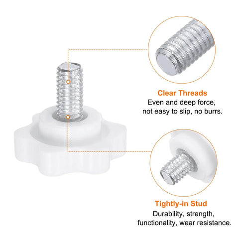 Close-up of 10pcs Star Knobs M6 X 12mm Threaded Studs For 25mm White Plastic 6 Point Heads showing threads and durability features.
